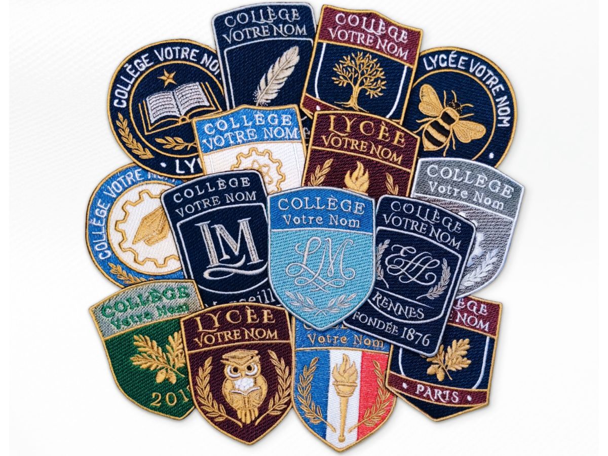 Embroidered school crest patches in different backing types — sew-on, iron-on, hook-and-loop